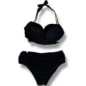 Victorias Secret Black Push Up Halter Bikini Set 36D Large Ruched High Waist